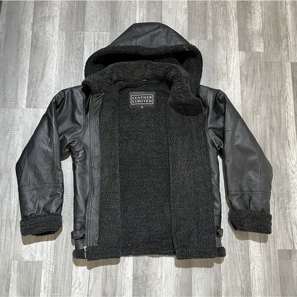 Women's Leather Limited BlackLeather Coat With Hood Faux Fur Size Extra Large - Picture 6 of 9